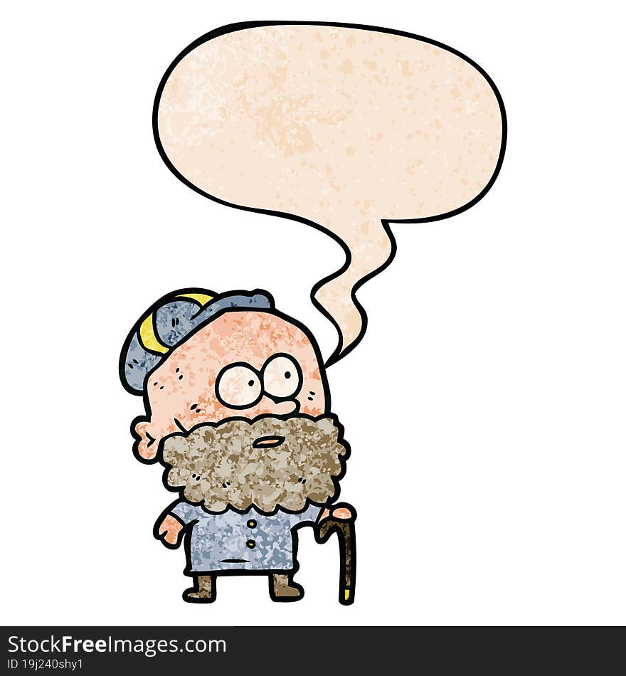 old cartoon man with walking stick and flat cap with speech bubble in retro texture style