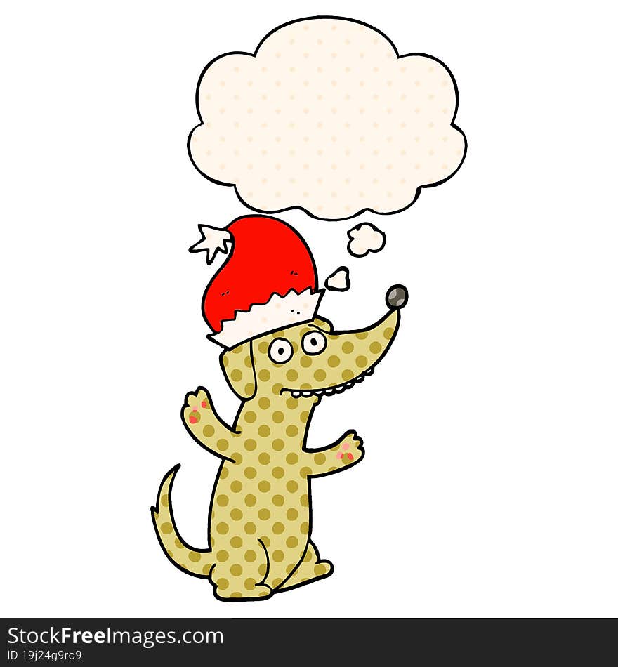 cute christmas cartoon dog and thought bubble in comic book style