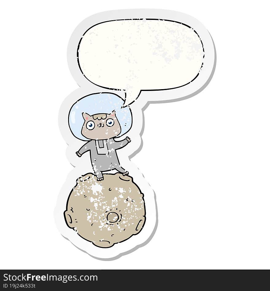 cute cartoon astronaut cat with speech bubble distressed distressed old sticker. cute cartoon astronaut cat with speech bubble distressed distressed old sticker