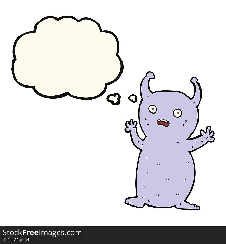 cartoon funny little alien with thought bubble