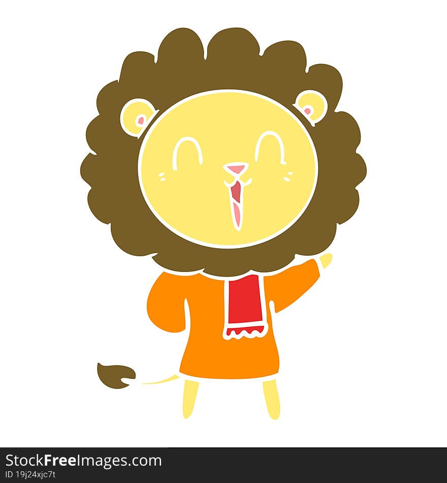 laughing lion flat color style cartoon in winter clothes