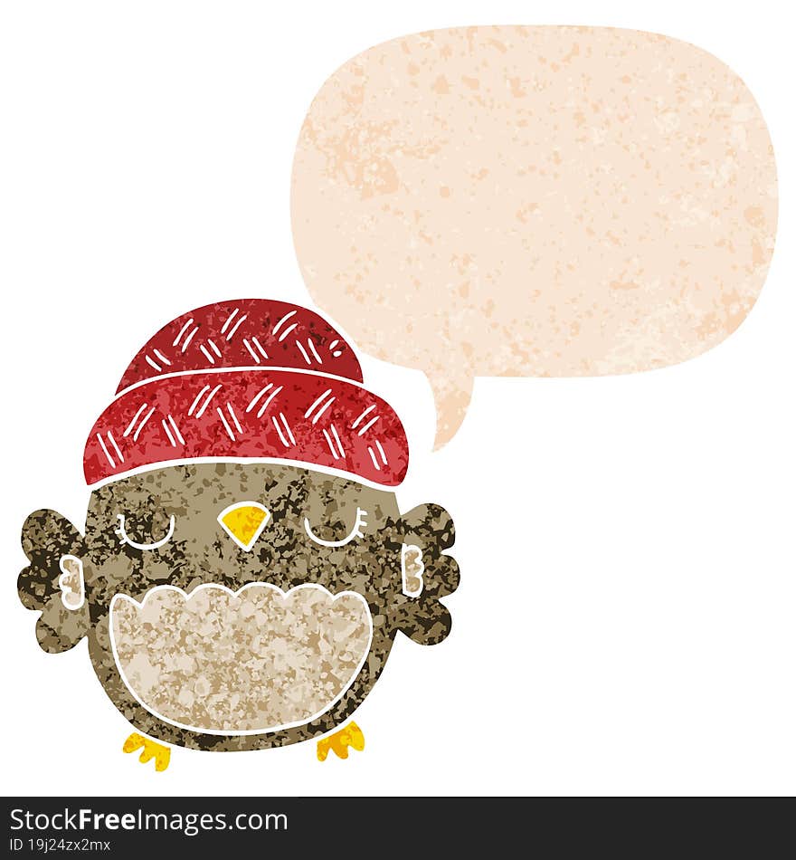 cute cartoon owl in hat and speech bubble in retro textured style