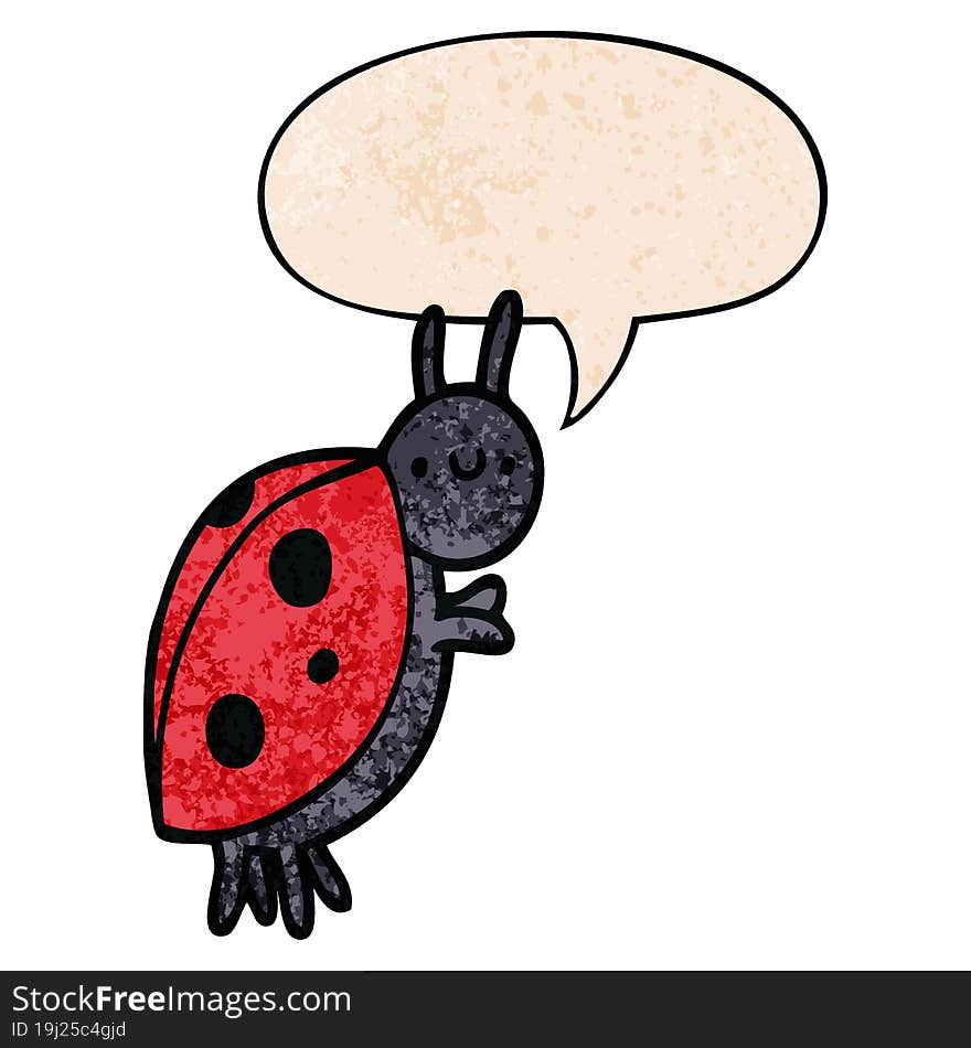 cartoon ladybug and speech bubble in retro texture style