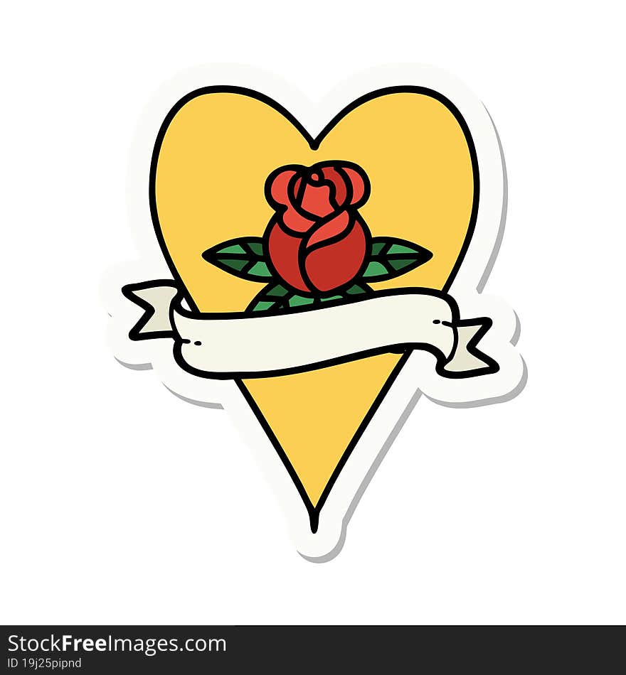 tattoo style sticker of a heart rose and banner