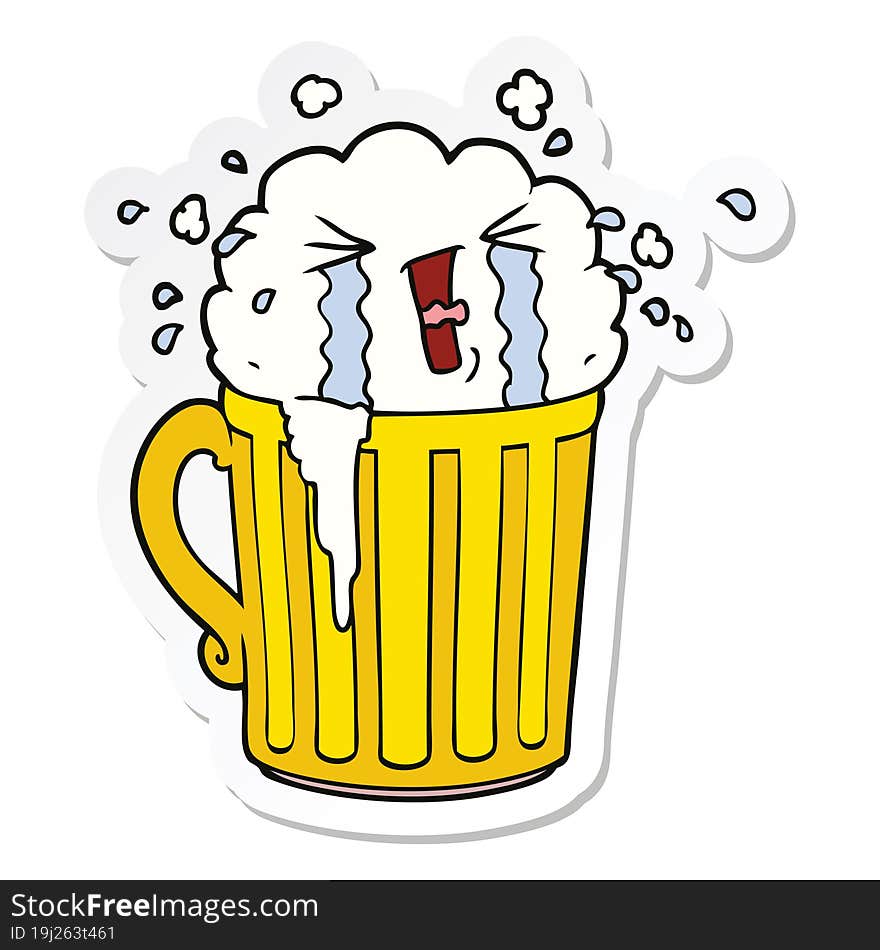 sticker of a cartoon mug of beer crying