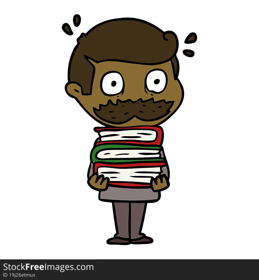 cartoon man with mustache and books. cartoon man with mustache and books