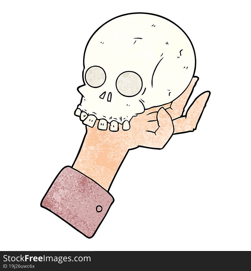 cartoon hand holding skull. cartoon hand holding skull