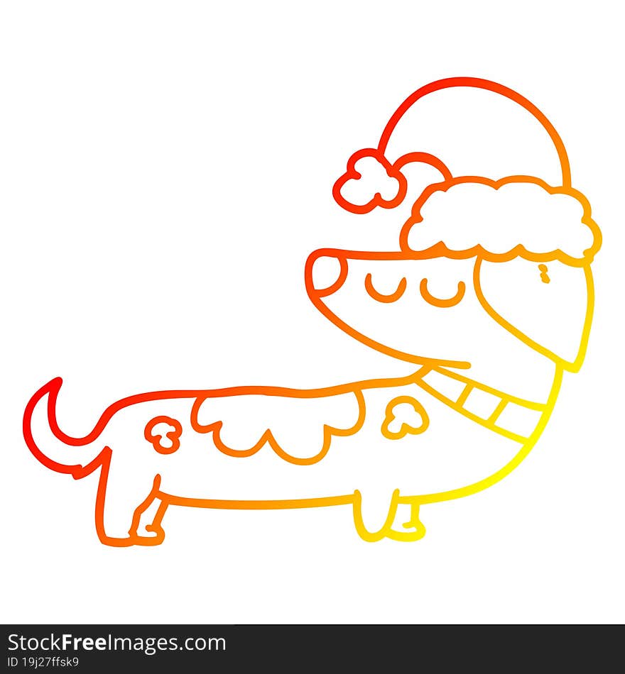 Warm Gradient Line Drawing Cartoon Dog Wearing Christmas Hat