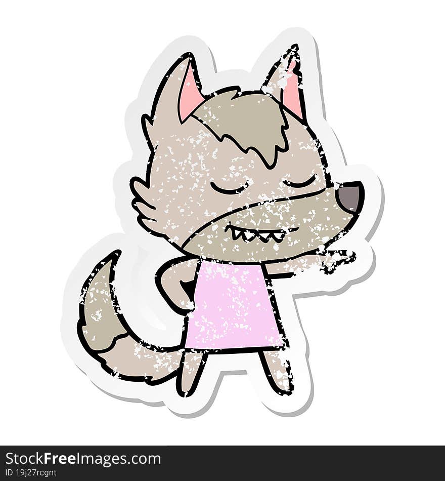 distressed sticker of a friendly cartoon wolf girl pointing