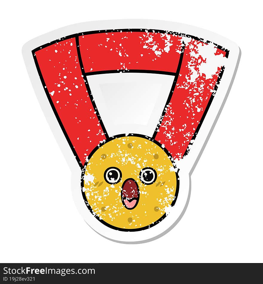 Distressed Sticker Of A Cute Cartoon Gold Medal