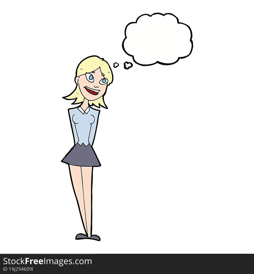 cartoon happy woman with thought bubble