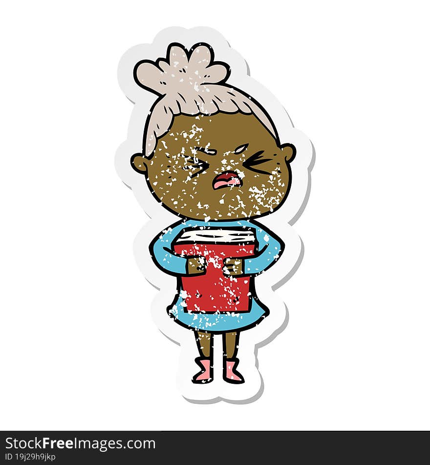 Distressed Sticker Of A Cartoon Angry Woman