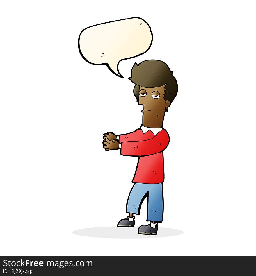 cartoon bored man showing the way with speech bubble