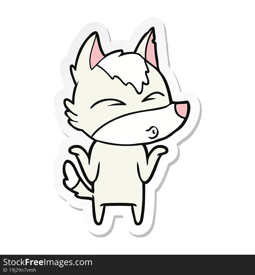 sticker of a cartoon wolf shrugging shoulders