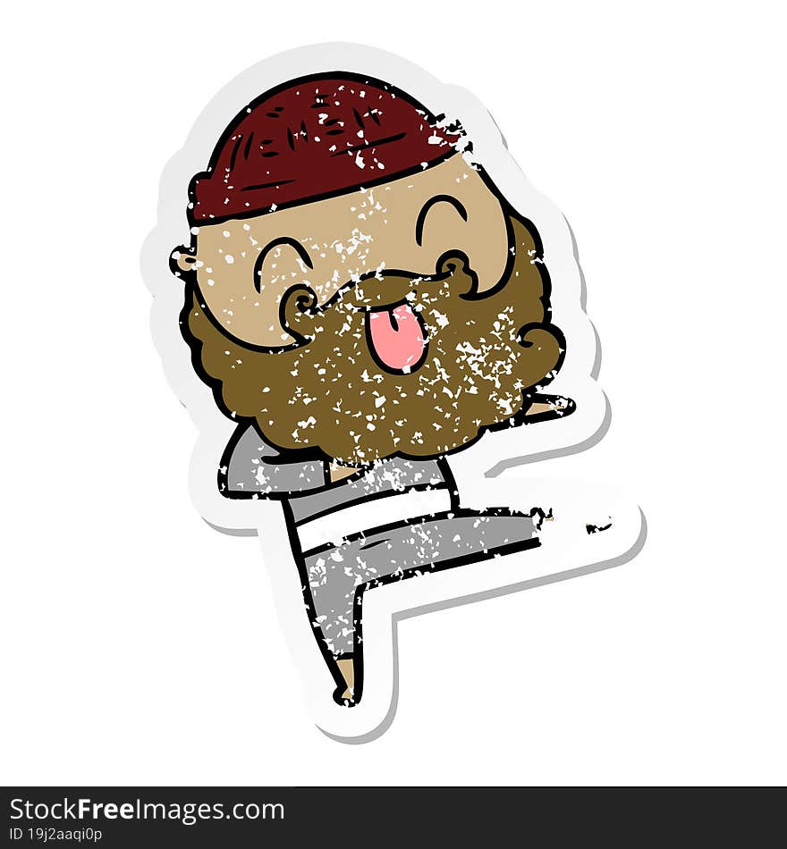 distressed sticker of a man with beard sticking out tongue