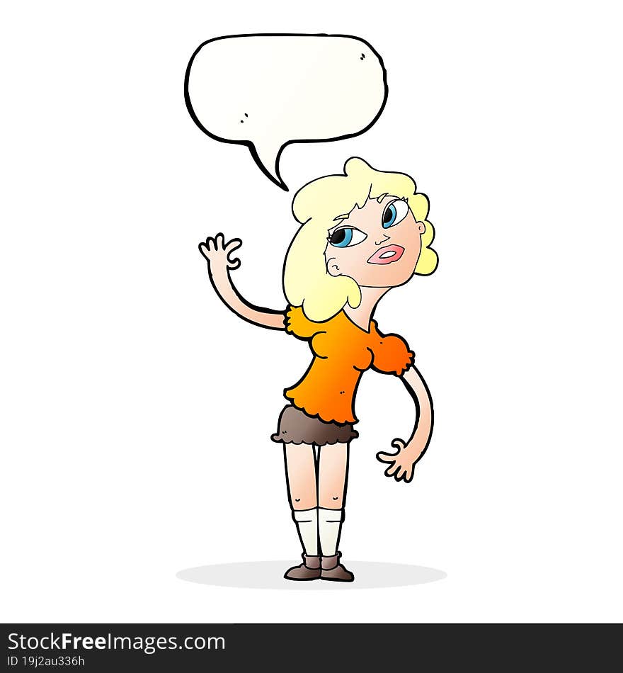 cartoon woman waving with speech bubble