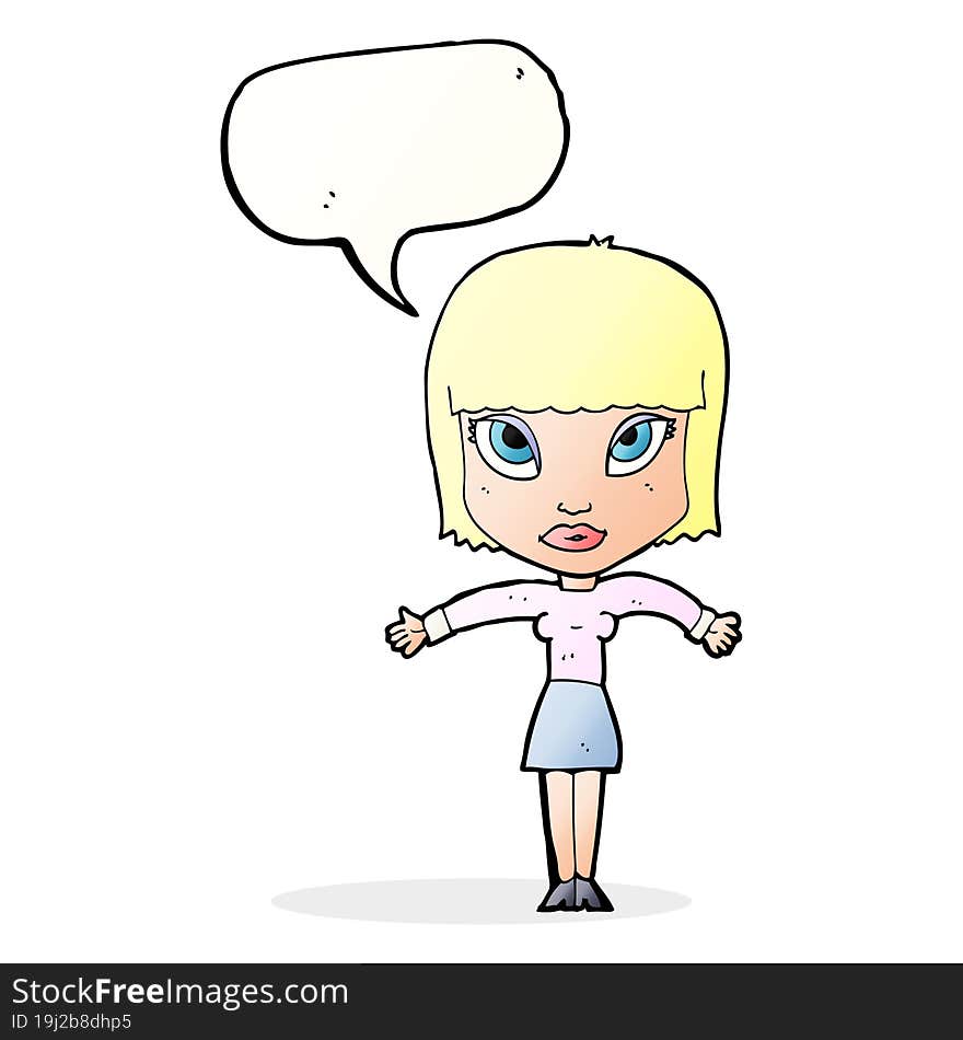 cartoon woman shrugging with speech bubble