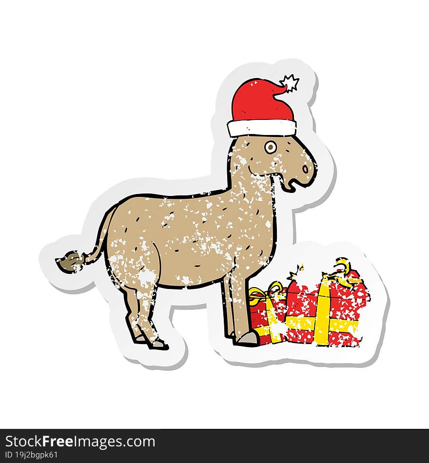 retro distressed sticker of a cartoon christmas donkey