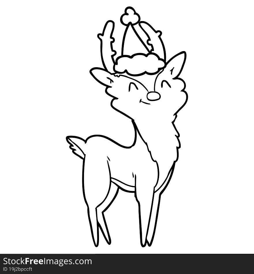 hand drawn line drawing of a happy stag wearing santa hat