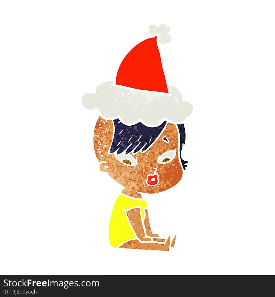 Retro Cartoon Of A Surprised Girl Wearing Santa Hat