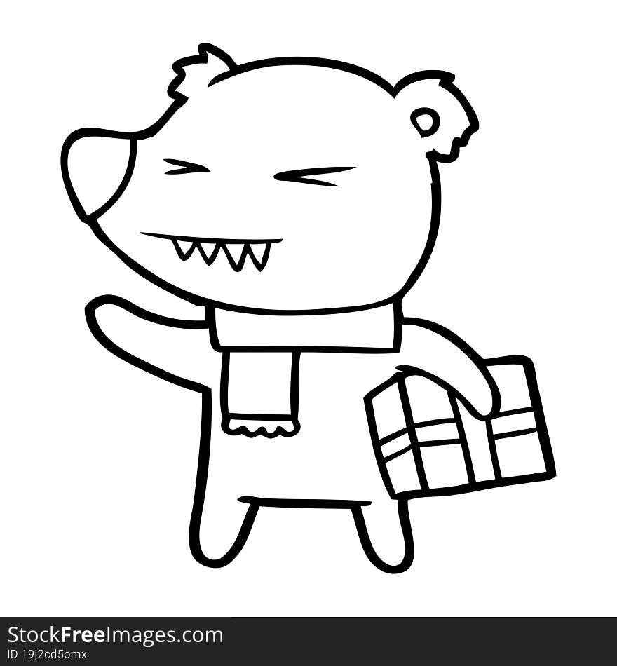 cartoon angry polar bear with xmas present. cartoon angry polar bear with xmas present