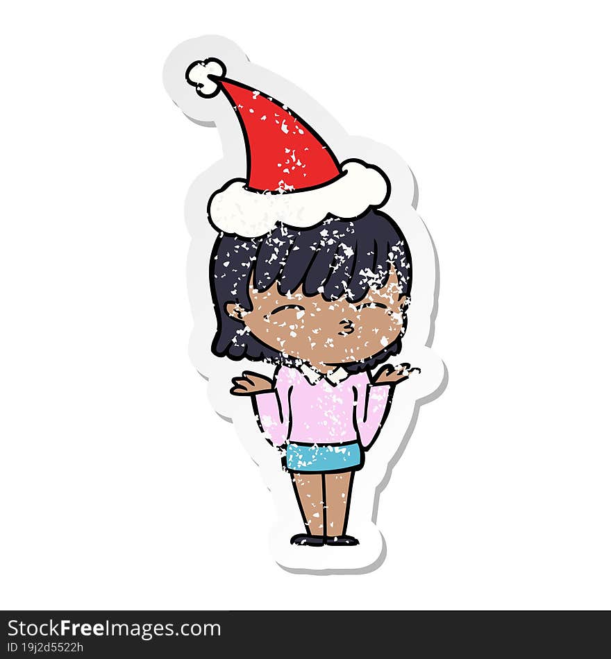 hand drawn distressed sticker cartoon of a woman wearing santa hat