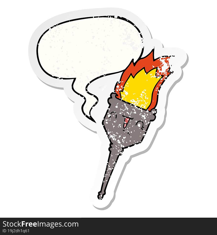 cartoon flaming chalice with speech bubble distressed distressed old sticker. cartoon flaming chalice with speech bubble distressed distressed old sticker