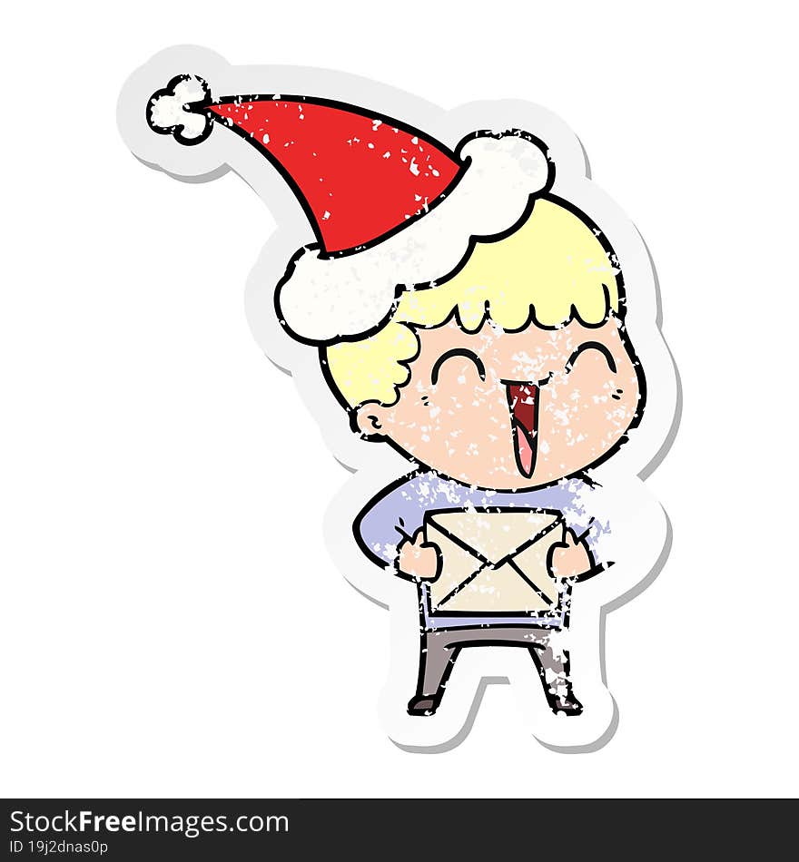 hand drawn distressed sticker cartoon of a happy man wearing santa hat