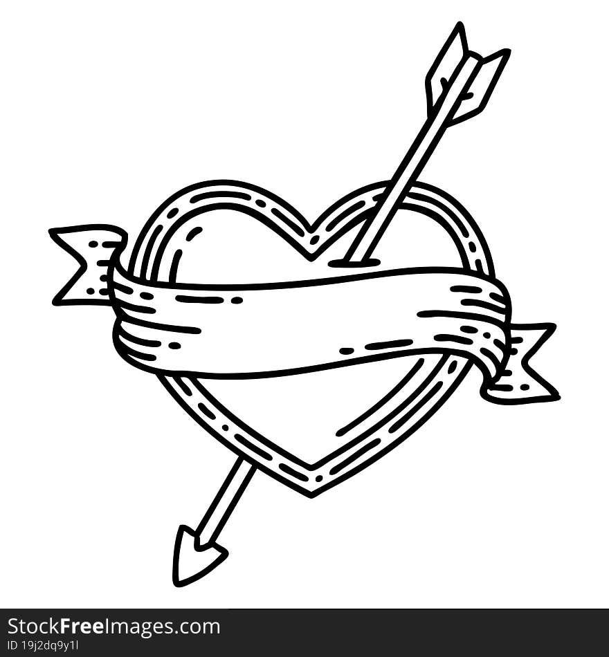 black line tattoo of an arrow heart and banner