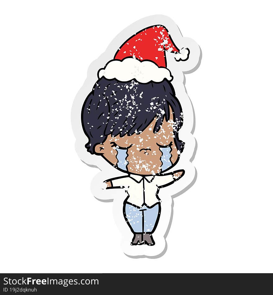 distressed sticker cartoon of a woman crying wearing santa hat