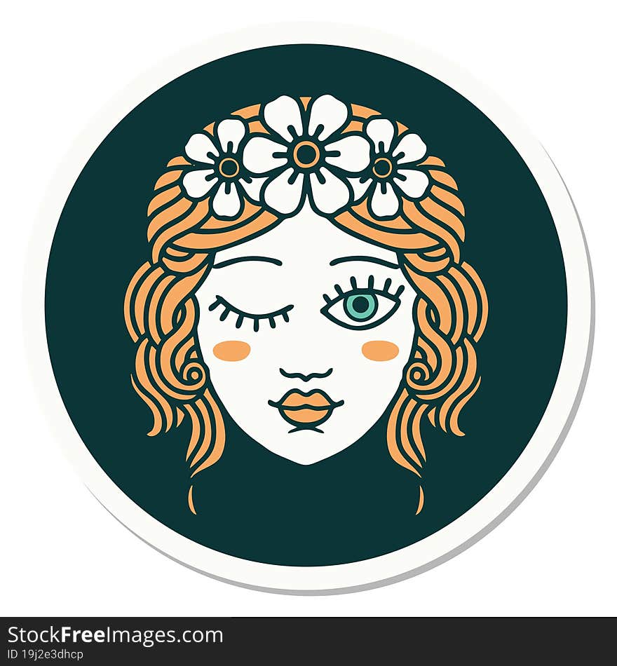 sticker of tattoo in traditional style of a maidens face winking. sticker of tattoo in traditional style of a maidens face winking