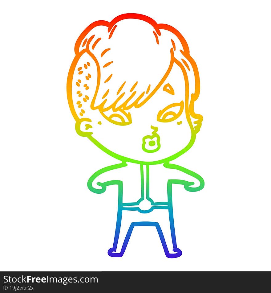 rainbow gradient line drawing cartoon surprised girl in science fiction clothes