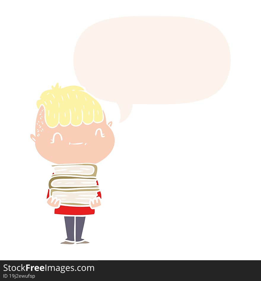 cartoon friendly boy with books with speech bubble in retro style. cartoon friendly boy with books with speech bubble in retro style