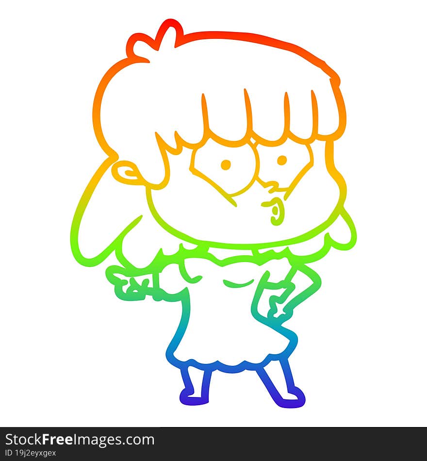 rainbow gradient line drawing of a cartoon whistling girl