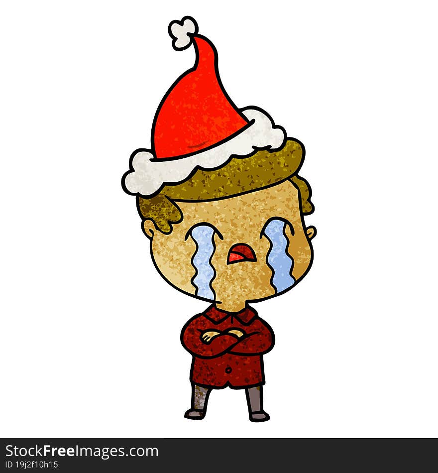 textured cartoon of a man crying wearing santa hat