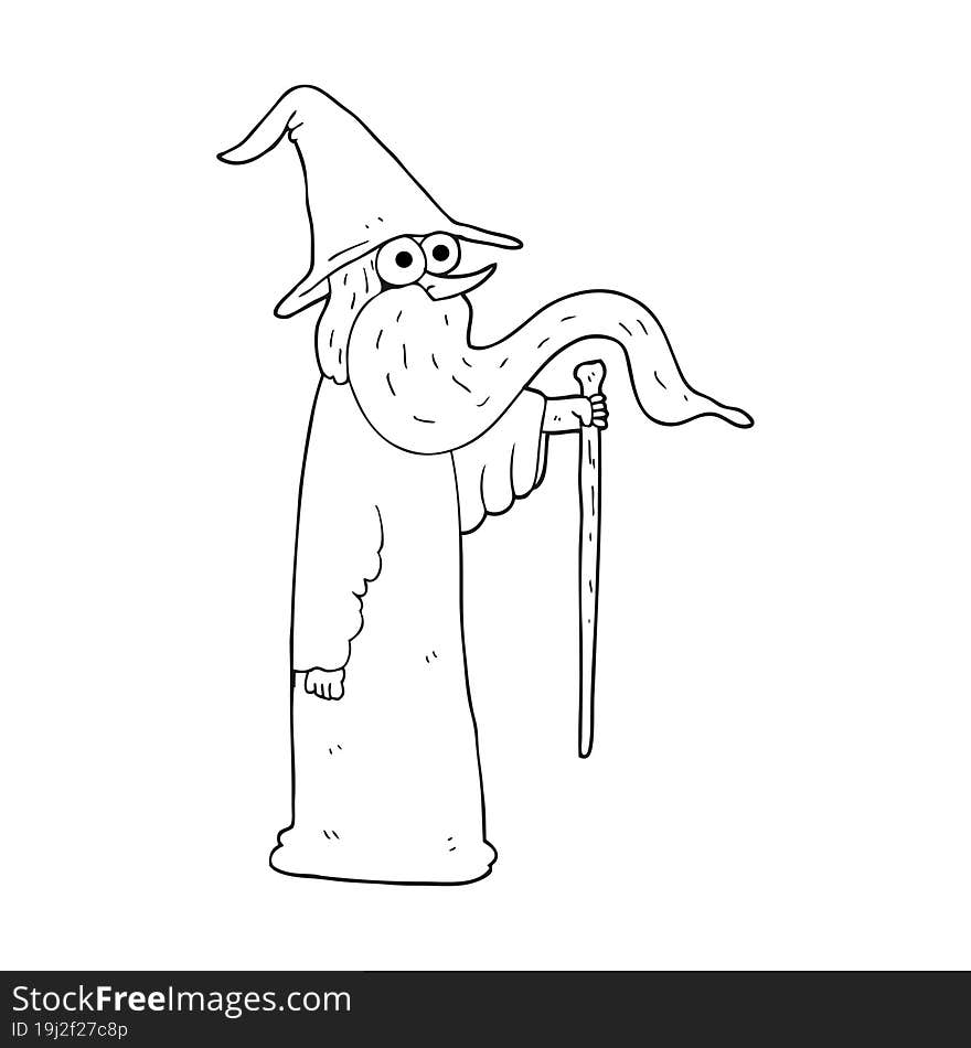 freehand drawn black and white cartoon wizard