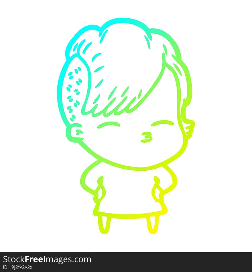 Cold Gradient Line Drawing Cartoon Squinting Girl