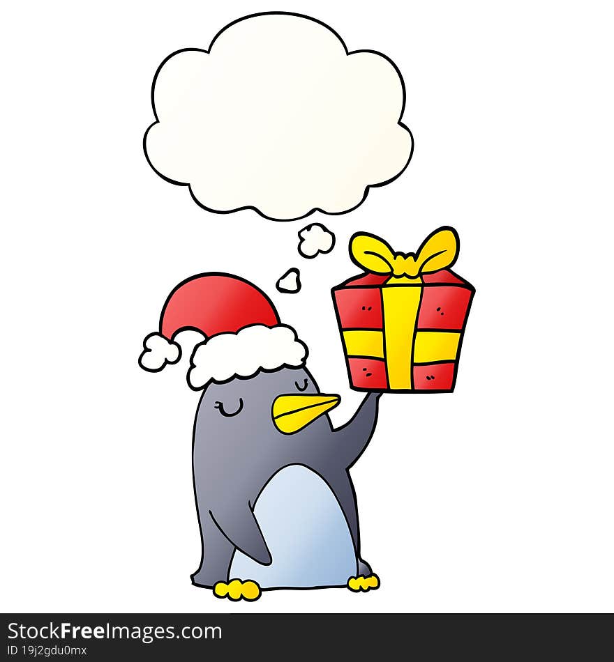 Cartoon Penguin With Christmas Present And Thought Bubble In Smooth Gradient Style