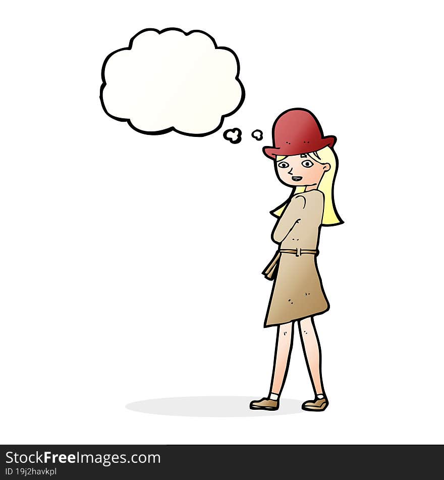 cartoon female spy with thought bubble