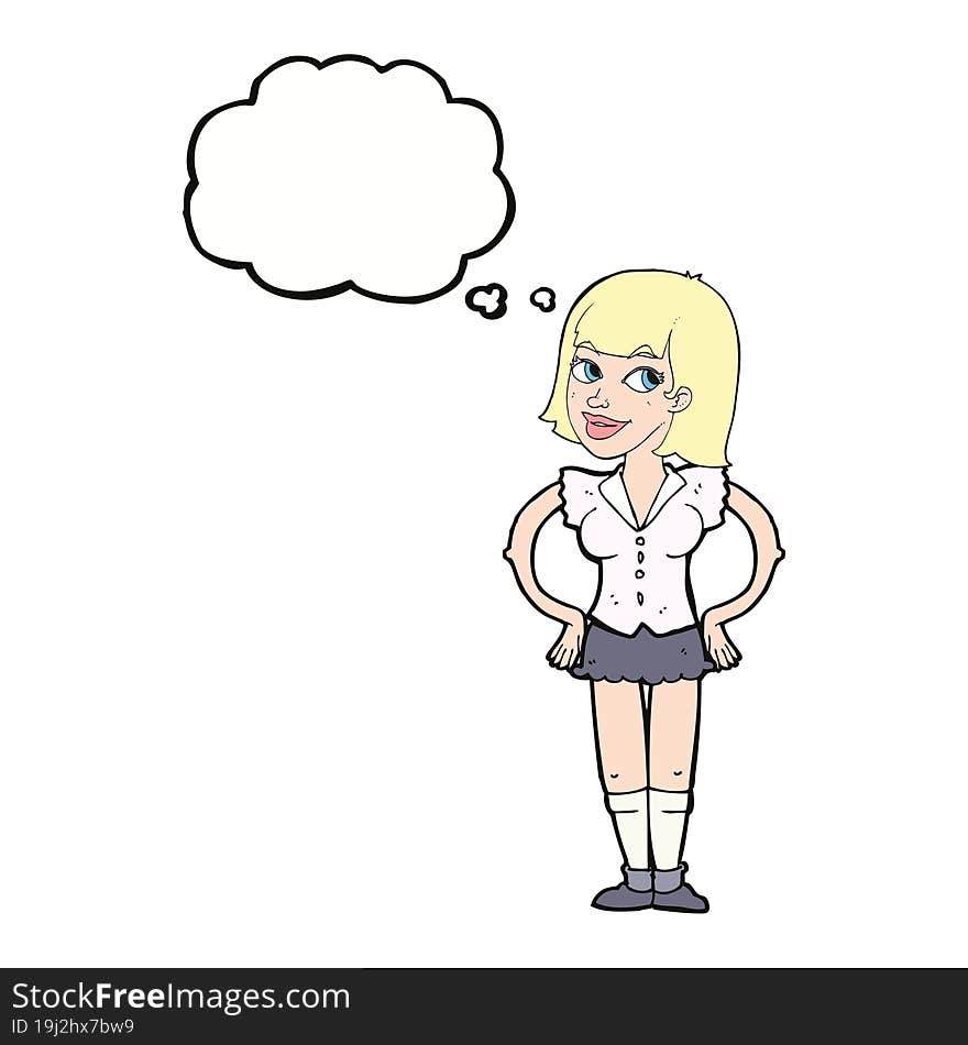 cartoon woman with hands on hips with thought bubble