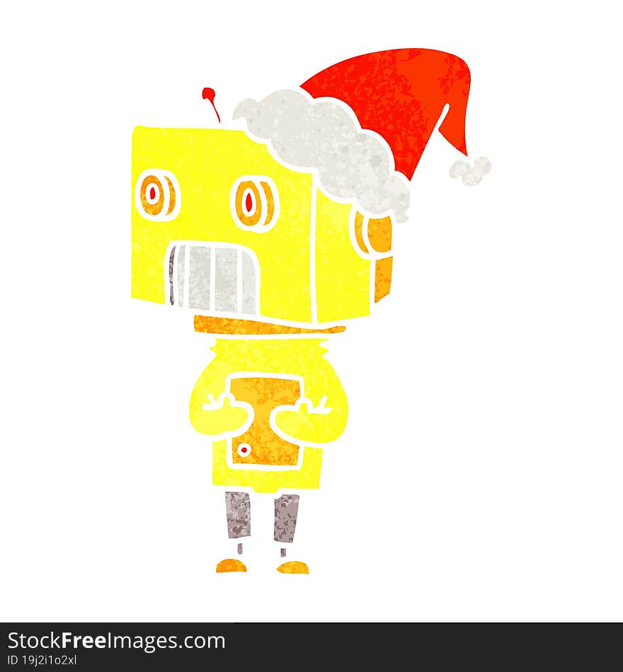 retro cartoon of a robot wearing santa hat