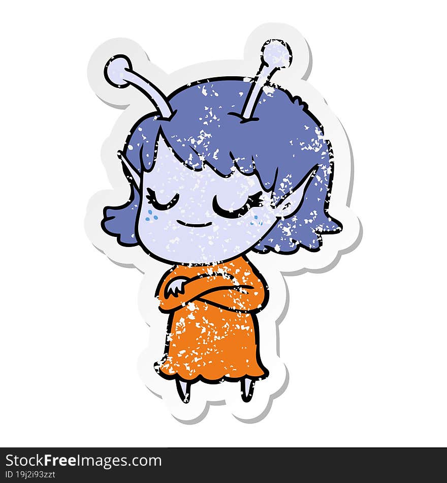 Distressed Sticker Of A Smiling Alien Girl Cartoon