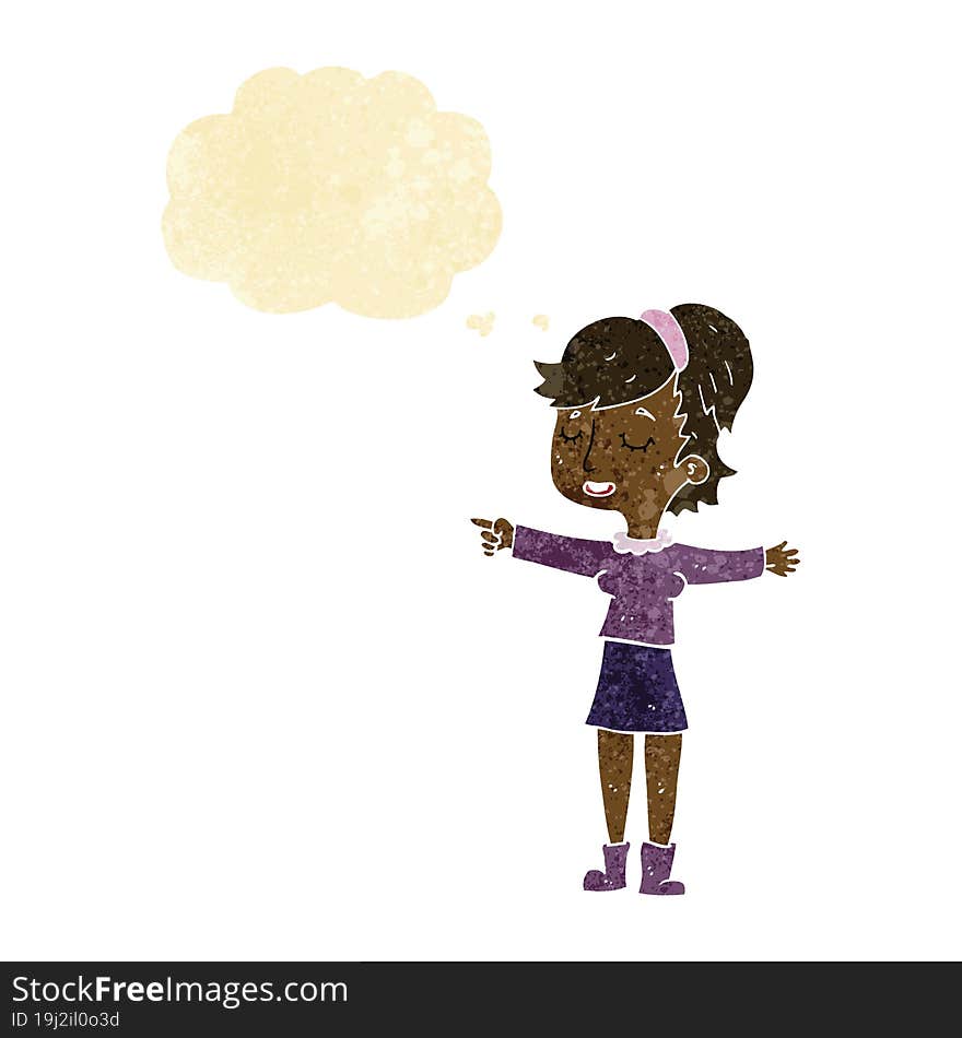 Cartoon Happy Woman Pointing With Thought Bubble