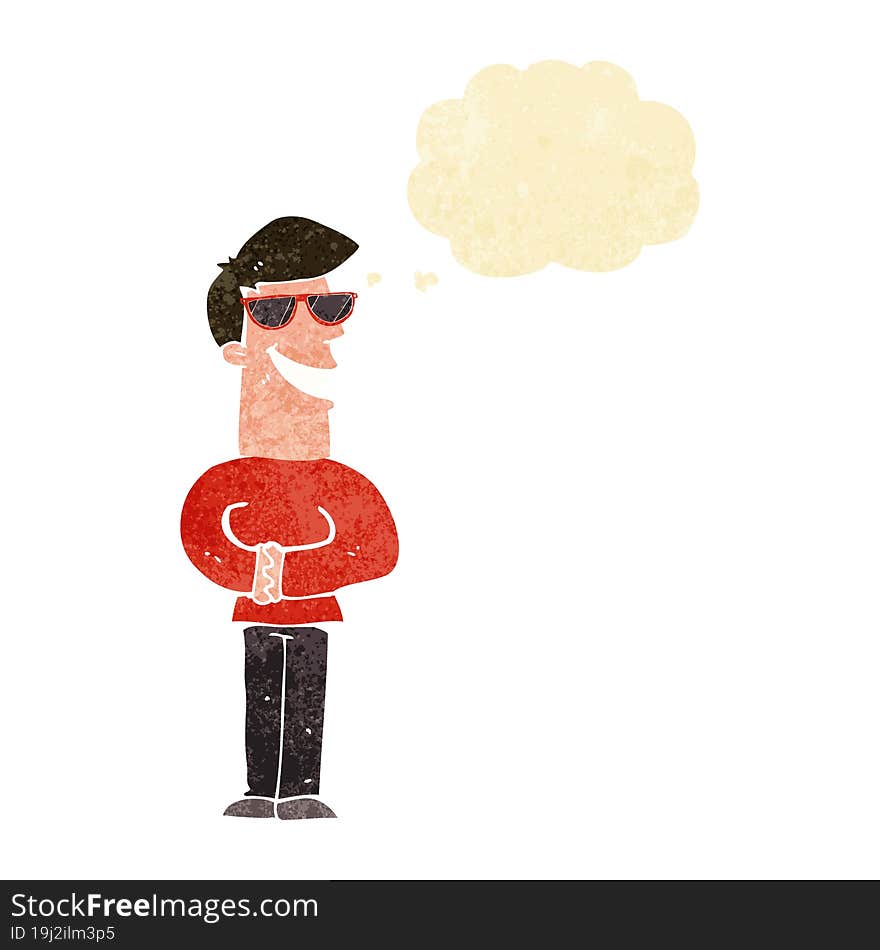 Cartoon Grinning Man Wearing Sunglasses With Thought Bubble