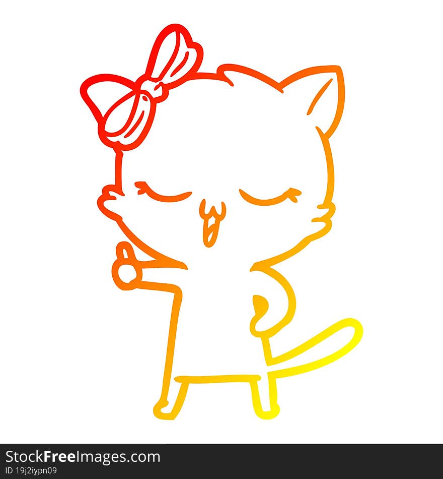 warm gradient line drawing cartoon cat with bow on head