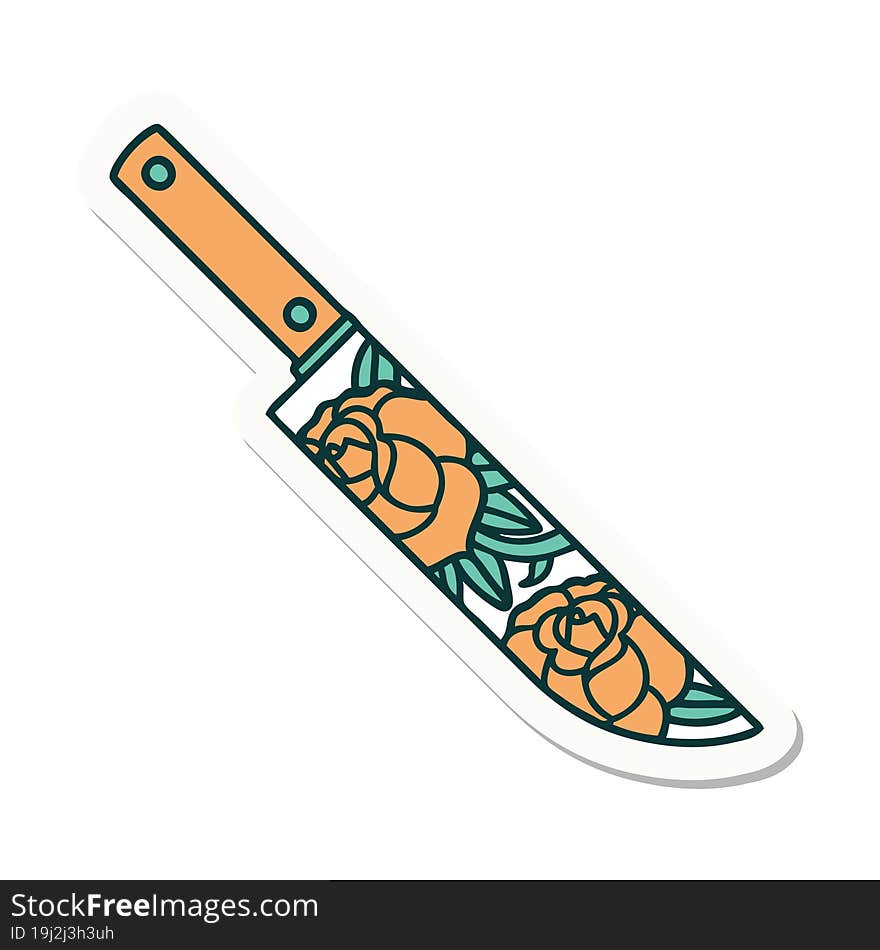 Tattoo Style Sticker Of A Dagger And Flowers