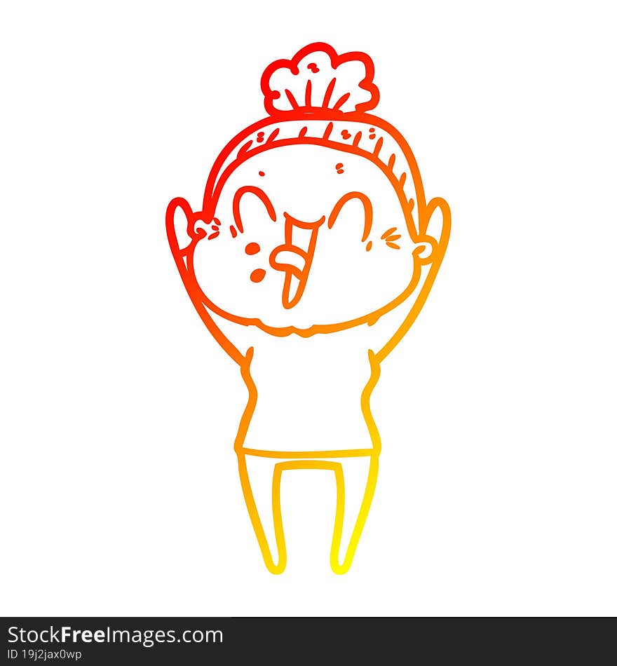 warm gradient line drawing of a cartoon happy old woman