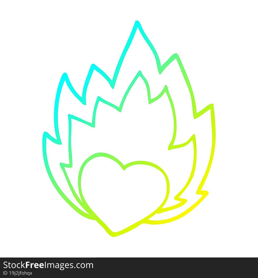 cold gradient line drawing of a cartoon flaming heart