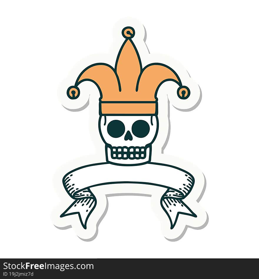 tattoo sticker with banner of a skull jester