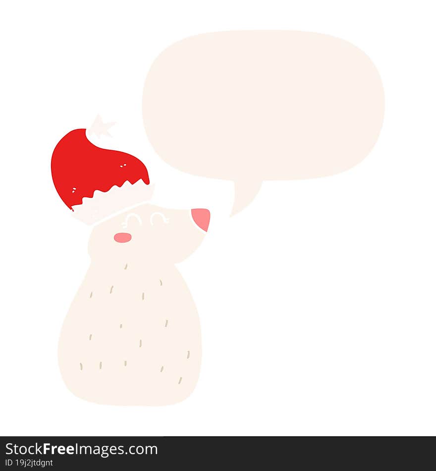 cartoon bear wearing christmas hat and speech bubble in retro style